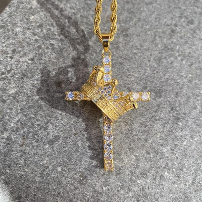 Crown cross pendant necklace with full diamonds