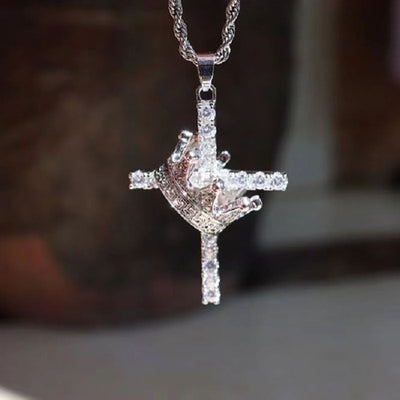 Crown cross pendant necklace with full diamonds