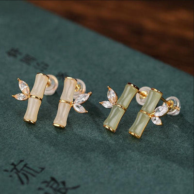 Bamboo Festival • Emerald Jade Stone Stud Earrings