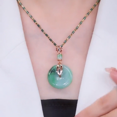 Floating Flower Lucky Buckle Emerald Jade Stone Necklace