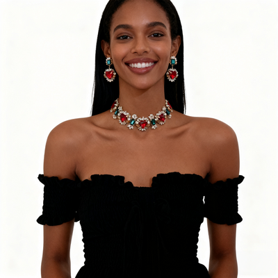 18K Gold Red and Blue Crystal Necklace & Earring