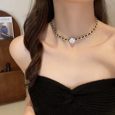 Diamond Pearl Flower Leather Wrap Necklace