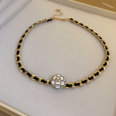 Diamond Pearl Flower Leather Wrap Necklace