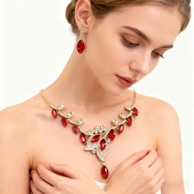 18K Gold Red Crystal Leaf Necklace & Earring Set