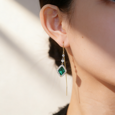 Emerald Diamond Tassel Threader Earrings