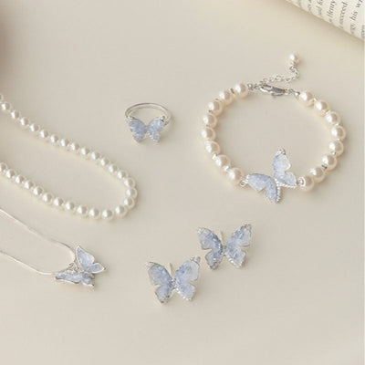 Butterfly Pearl Ring Bracelet Necklace Earrings