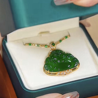 Natural Emerald Jade Stone Laughing Buddha Necklace