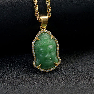 Tathagata Buddha Head Natural Emerald Jade Stone Necklace