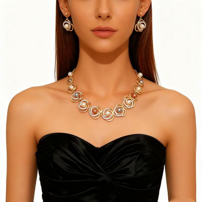 18K Gold Diamond & Pearl Necklace & Earrings Set