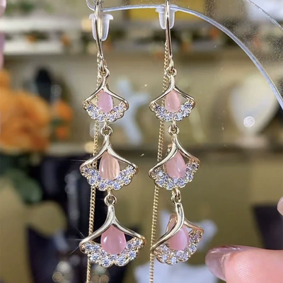 Natural Pink Cat's Eye Ginkgo Leaf Earrings