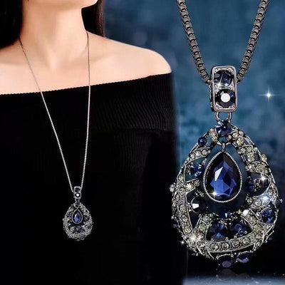 Drop-shaped natural crystal blue zircon necklace