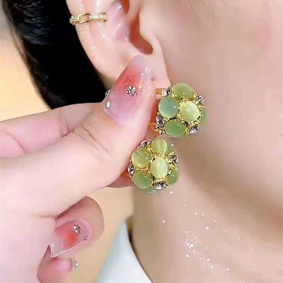 Natural cat's eye stone ball earrings