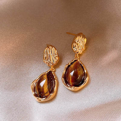 Pleated water drop natural tiger eye stone earrings