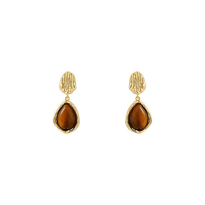 Pleated water drop natural tiger eye stone earrings