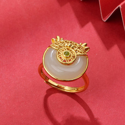 Cute Dragon Filigree Natural Emerald Jade Stone Ring
