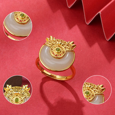 Cute Dragon Filigree Natural Emerald Jade Stone Ring