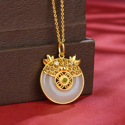 Cute Dragon Filigree Natural Emerald Jade Stone Necklace