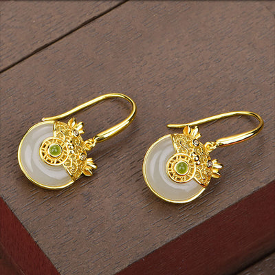 Cute Dragon Filigree Natural Emerald Jade Stone Earrings