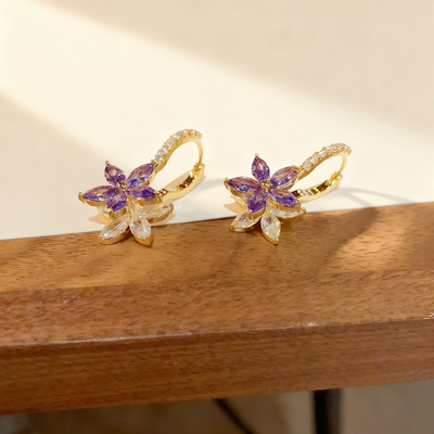Amethyst & Diamond Flower Double-Layer Earrings