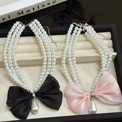 Bow knot natural freshwater pearl drop necklace