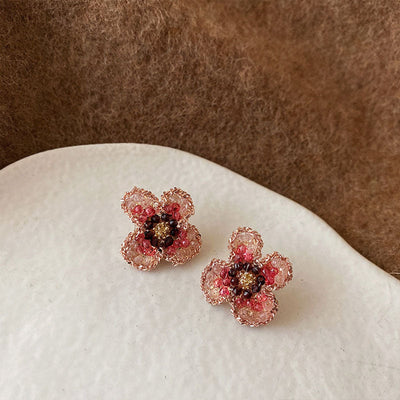 Pink four-petal flower natural crystal earrings