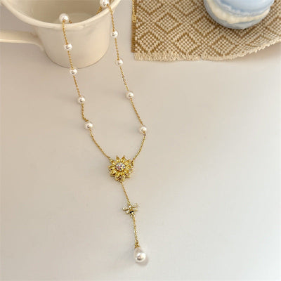 Rotatable sunflower natural freshwater pearl necklace