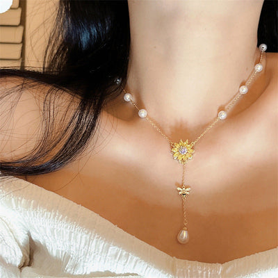 Rotatable sunflower natural freshwater pearl necklace