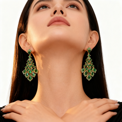 18K Gold Green Crystal Tassel Earrings