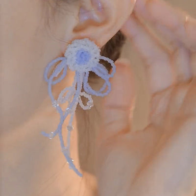 Blue Bow Flower Tassel Earrings