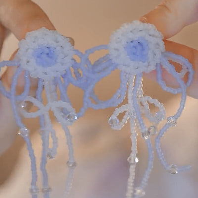 Blue Bow Flower Tassel Earrings