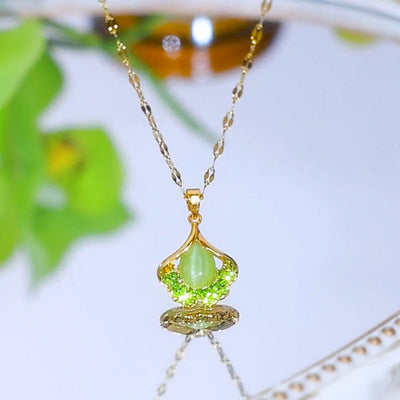 Natural Green Cat's Eye Ginkgo Leaf Necklace