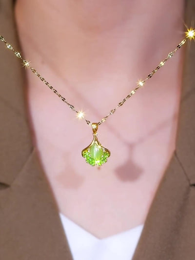 Natural Green Cat's Eye Ginkgo Leaf Necklace