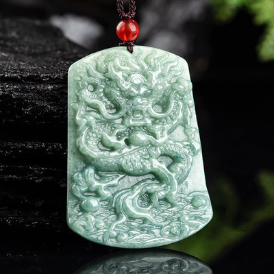 Dragon and the Four Seas Natural Emerald Jade Stone Necklace