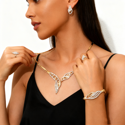 18K Gold Diamond Necklace & Earrings & Bracelet & Ring Set