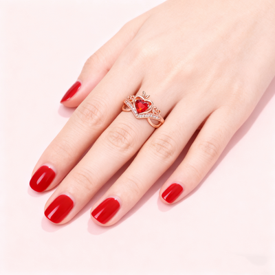 Heart-Cut Red Crystal Crown Ring
