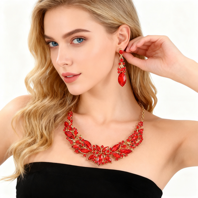 18K Gold Red Crystal Necklace & Earring Set