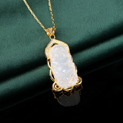 Peaceful Laughing Buddha Natural Emerald Jade Stone Necklace