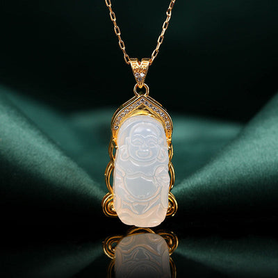 Peaceful Laughing Buddha Natural Emerald Jade Stone Necklace
