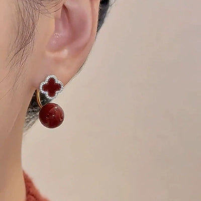 Red four-leaf flower natural agate earrings