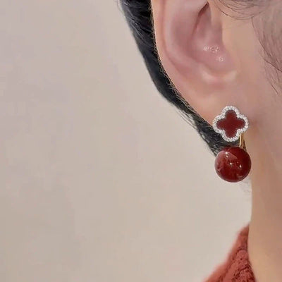 Red four-leaf flower natural agate earrings