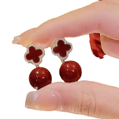 Red four-leaf flower natural agate earrings