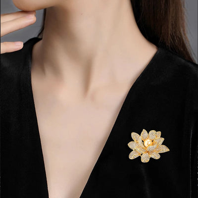Diamond Lotus Natural Freshwater Pearl Brooch