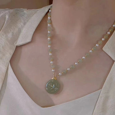 Lucky and Peaceful Natural Emerald Jade Stone Pearl Necklace