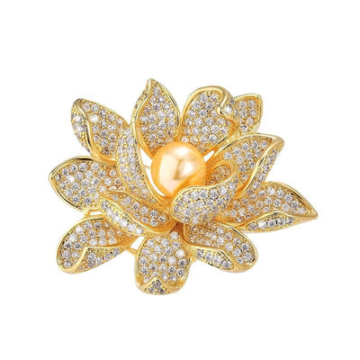 Diamond Lotus Natural Freshwater Pearl Brooch