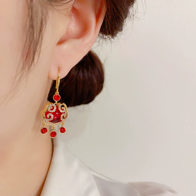Peace Lock Tassel Ear Hook Natural Red Crystal Necklace