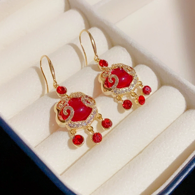 Peace Lock Tassel Ear Hook Natural Red Crystal Necklace