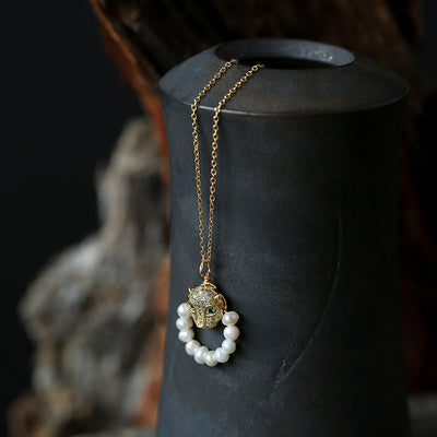 Leopard Head Natural Freshwater Pearl Necklace Earrings