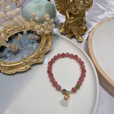 White Jade Lotus Strawberry Crystal Bracelet