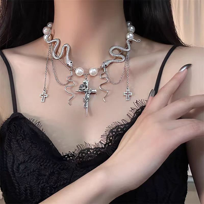 Cross pearl snake tassel necklace