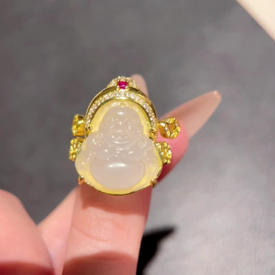 Buddha Natural Emerald Jade Stone Ring Necklace